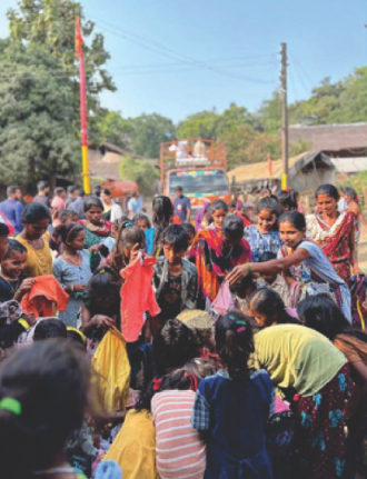 Crowd gathered for distribution